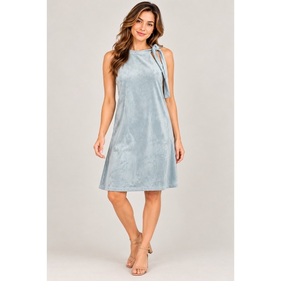 Design Lab Dresses & Skirts - Design Lab Faux Suede Dress Blue Tie Neck Shift Minimalist Modern Chic Medium